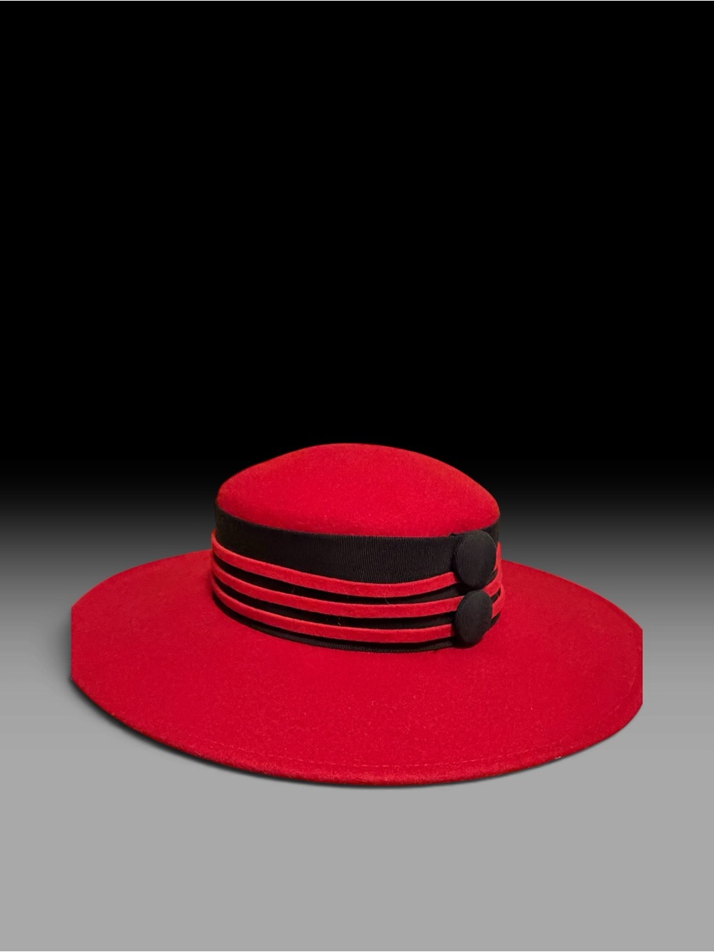 Vintage Wide Brim red hat with striped black band and button detail